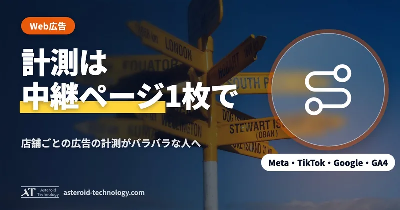 「店舗ごとの中継ページ」の文字と、Meta・TikTok・Google 広告・GA4 の札