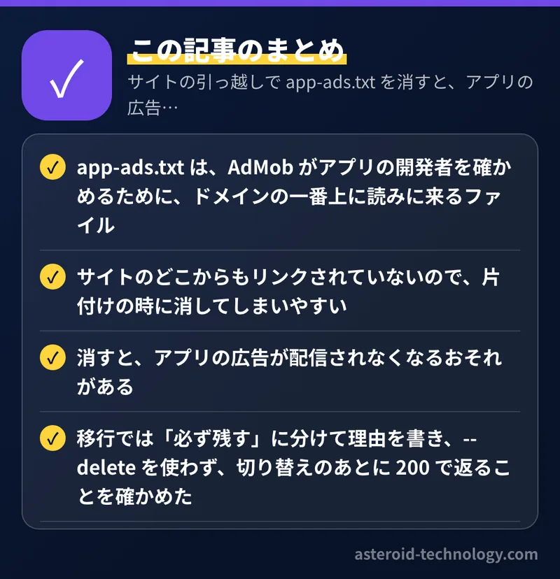 サイトの引っ越しで app-ads.txt を消すと、アプリの広告が止まるおそれがある：要点のまとめ。app-ads.txt は、AdMob がアプリの開発者を確かめるために、ドメインの一番上に読みに来るファイル