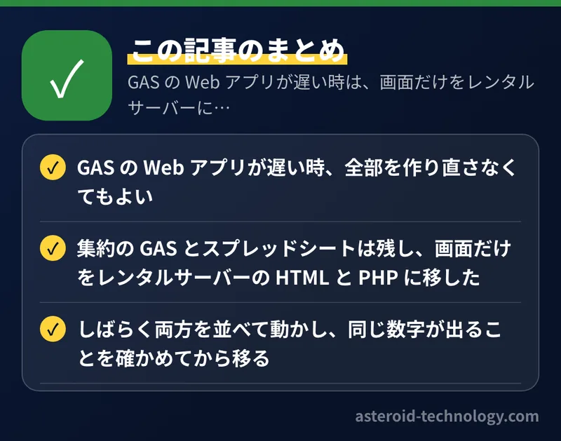 GAS の Web アプリが遅い時は、画面だけをレンタルサーバーに移す:要点のまとめ。GAS の Web アプリが遅い時、全部を作り直さなくてもよい