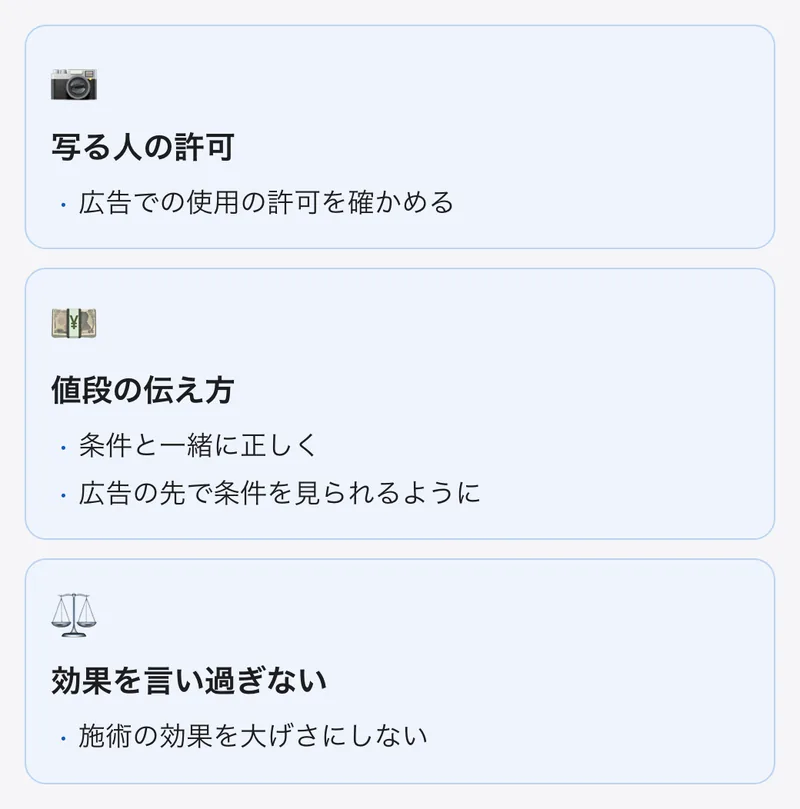 美容の広告の写真と表示のルール。写る人の使用の許可を確かめる、値段は条件と一緒に正しく伝える、施術の効果を言い過ぎない
