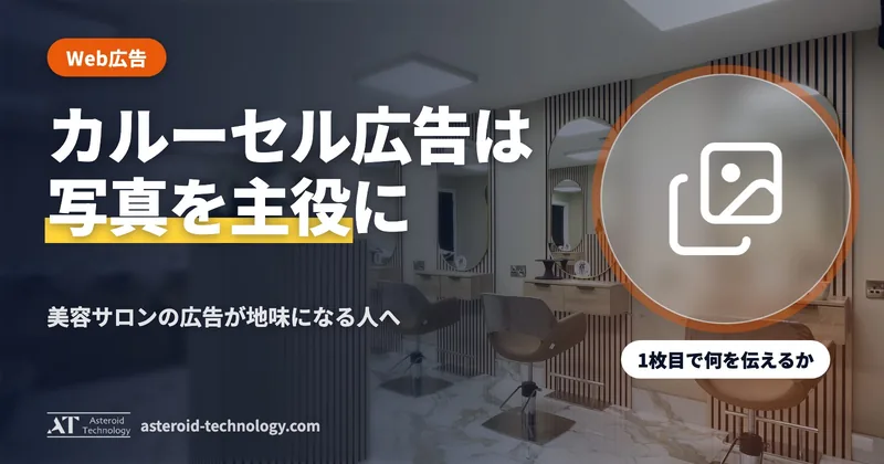 「カルーセル広告は写真を前に」の文字と、500円・70%オフ・同業の広告を手本に、の札