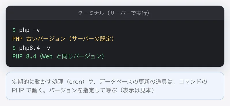 ターミナルの再現。php -v ではサーバーの既定の古いバージョンが出て、php8.4 -v では Web と同じバージョンが出る。表示は見本