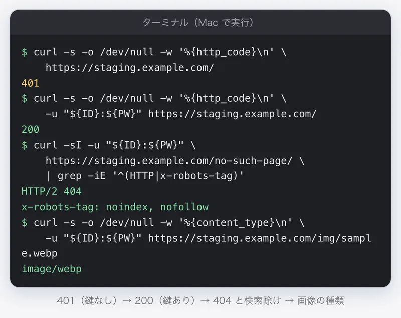 ターミナルの再現。curl で、鍵なしは401、鍵ありは200、無いページは404と検索除けの印、WebP の画像は image/webp と返ることを確かめている