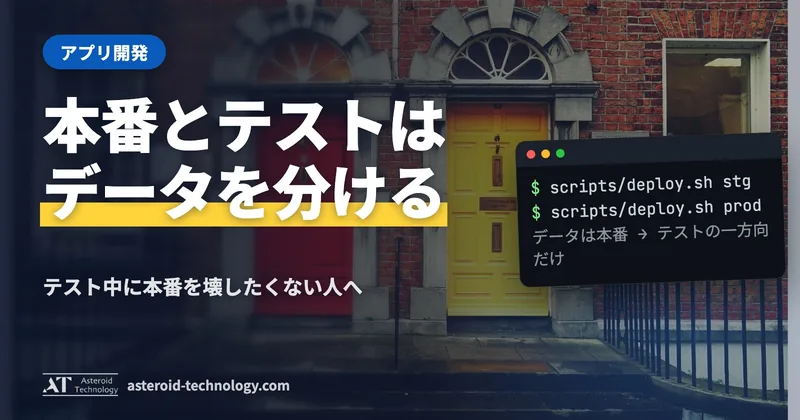 「本番とテスト」の文字と、データベース・ドライブは別、AI の鍵は共通、の札