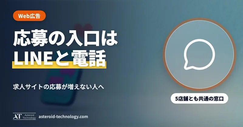 「応募の入口は LINE と電話」の文字と、5店舗共通・20代の女性・幹部も同じ窓口の札