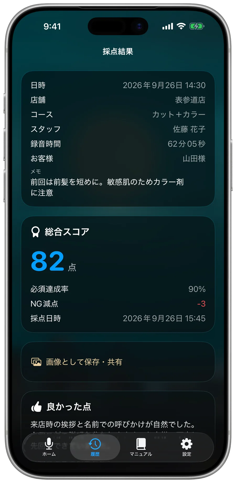 採点結果の画面。写真を敷いた背景の上に、日時や店舗の情報のカード、総合スコア82点のカード、「良かった点」のカードが、ガラスのような半透明で重なっている