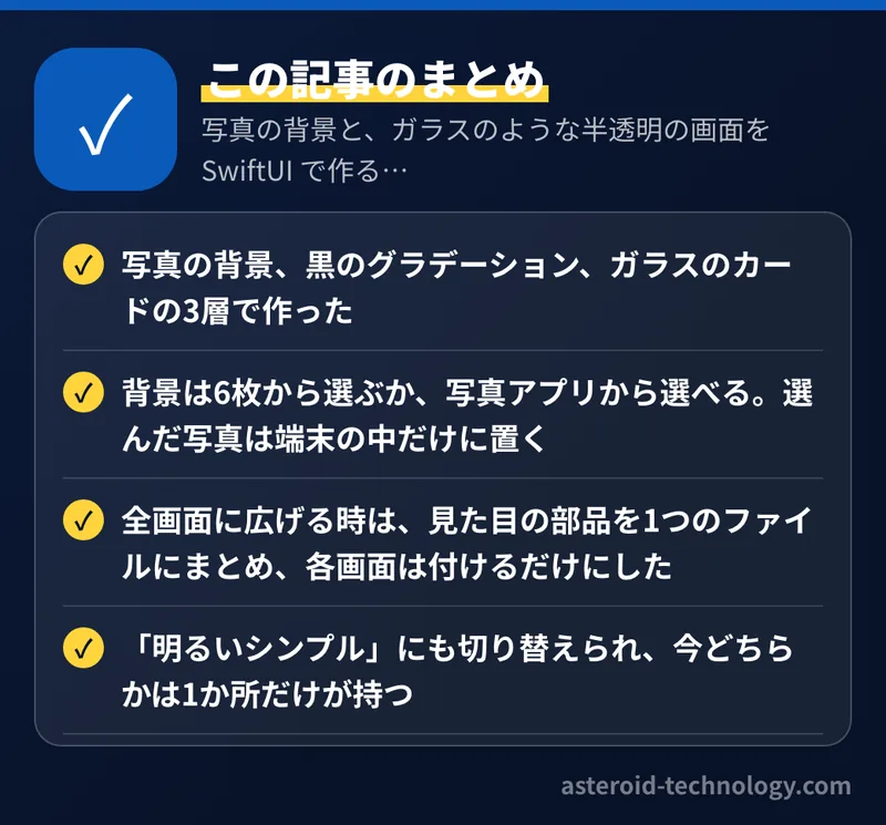 写真の背景と、ガラスのような半透明の画面を SwiftUI で作る：全画面に広げた時に決めたこと：要点のまとめ。写真の背景、黒のグラデーション、ガラスのカードの3層で作った