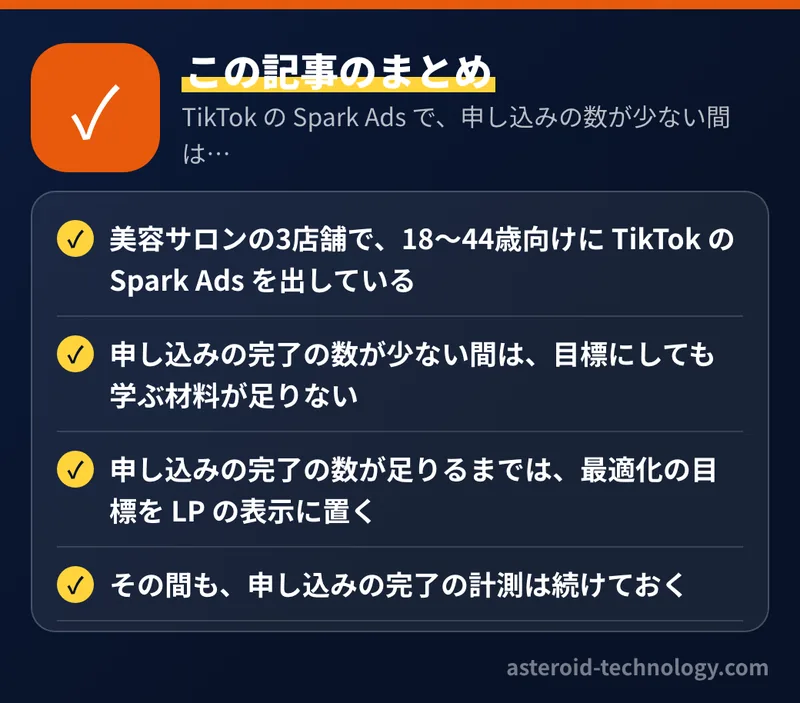 TikTok の Spark Ads で、申し込みの数が少ない間は何を目標に最適化するか：要点のまとめ。美容サロンの3店舗で、18〜44歳向けに TikTok の Spark Ads を出している