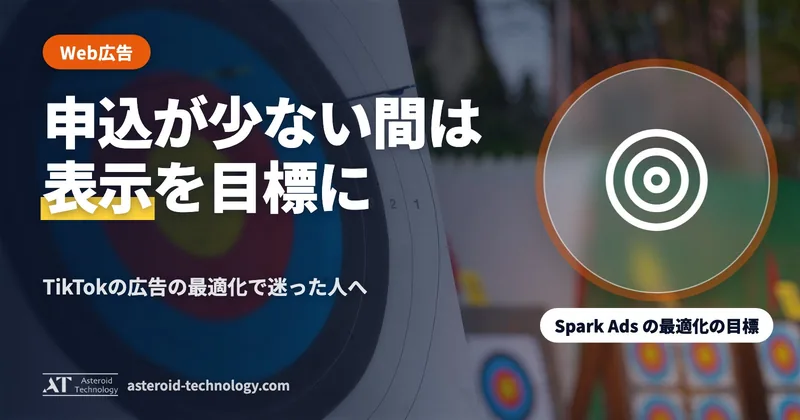 「申し込みが少ない間は、LP の表示を目標に」の文字と、Spark Ads・3店舗・18〜44歳の札