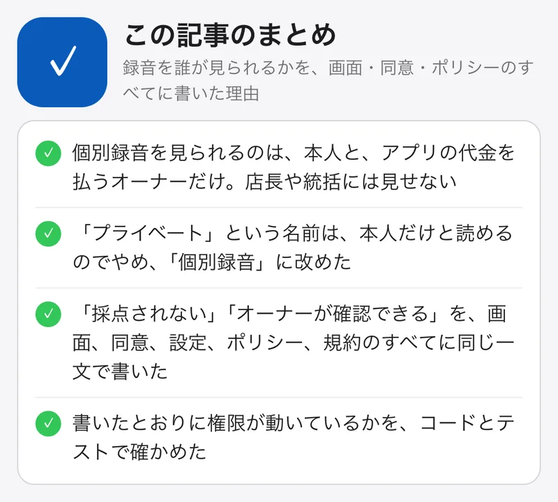 録音を誰が見られるかを、画面・同意・ポリシーのすべてに書いた理由：要点のまとめ。個別録音を見られるのは、本人と、アプリの代金を払うオーナーだけ。店長や統括には見せない