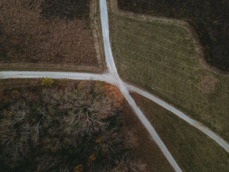 畑の中で、道が二手に分かれているところを上から写した写真