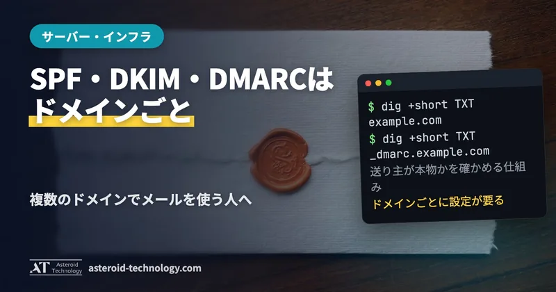 「複数のドメインの SPF・DKIM・DMARC」の文字と、ドメインごとに設定・DNS は1か所に、の札
