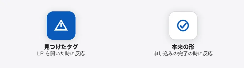 見つけたタグは LP を開いた時に反応していた。成果のタグは、本来は申し込みの完了の時に反応させる