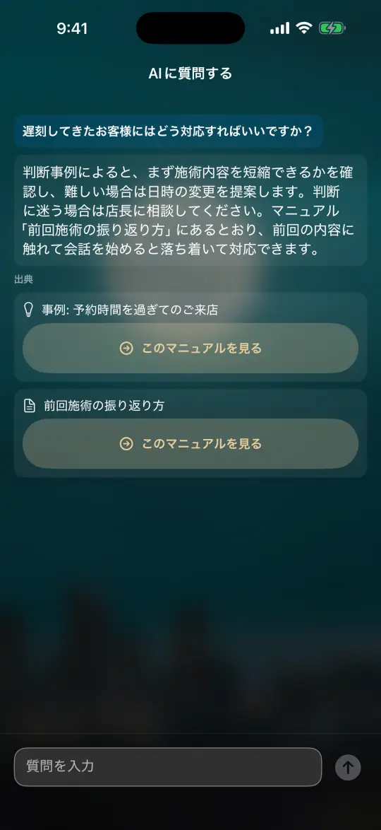 マニュアルへのAIの質問の画面