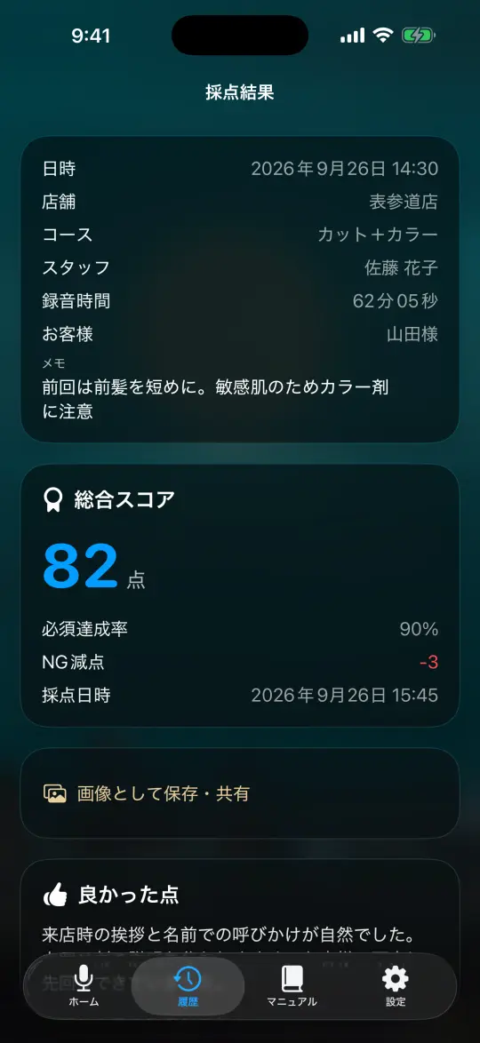 TalkLensの採点結果の画面。合計点と項目ごとの判定が並ぶ